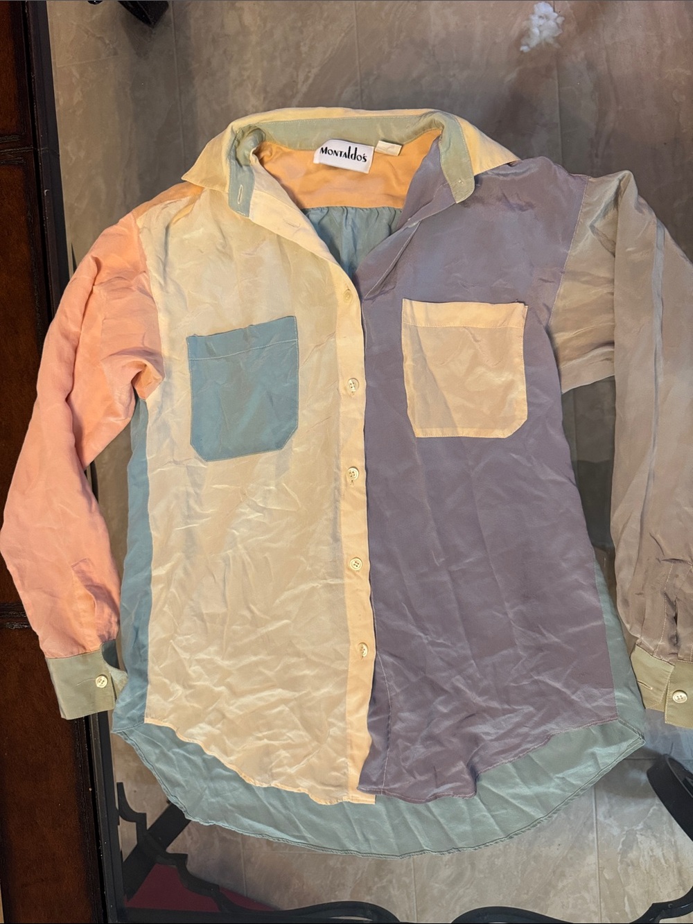 Vintage Colorblock Silk Button-Down Shirt in Pastel Multi